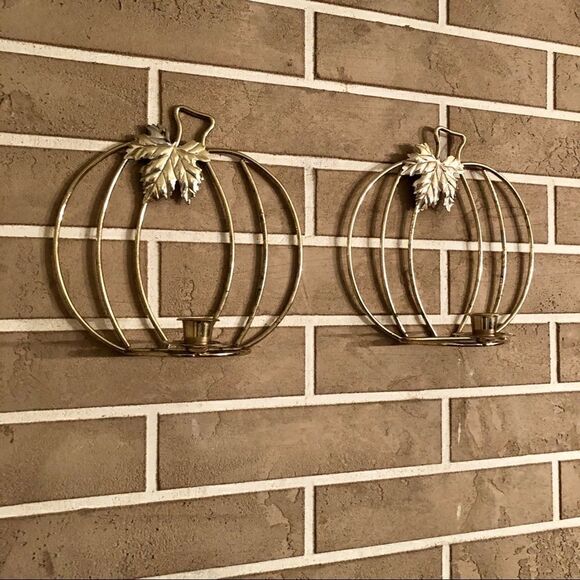 Vintage Pumpkin Wall Hanging Candlestick Holders in Gold Lot of 2 - Picture 8 of 15